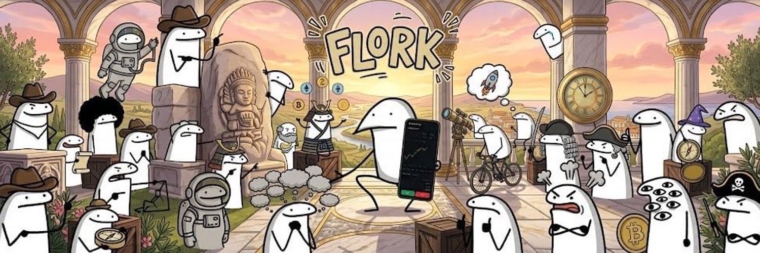 Flork Coin — the herd on a classical terrace with FLORK banner